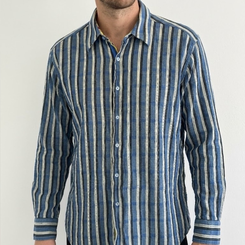 Robert Graham Silk Cotton Blend Blue Striped Long Sleeve Button Down XL